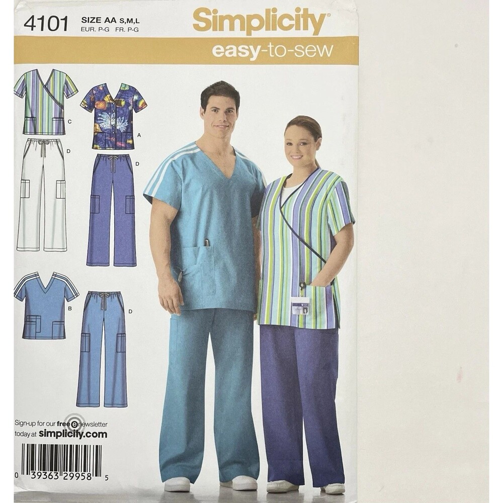 Pattern Unisex Size AA S M L Medical Scrubs Tops Pants Simplicity 4101 New/Uncut